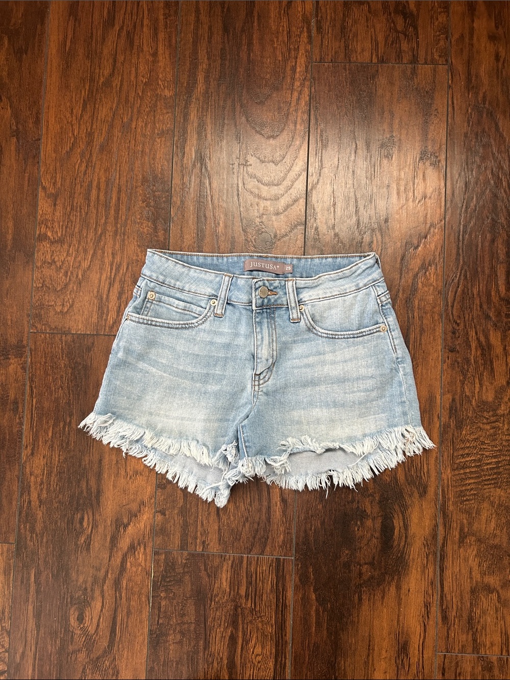 Just USA Faded Light Blue Frayed Denim Shorts
